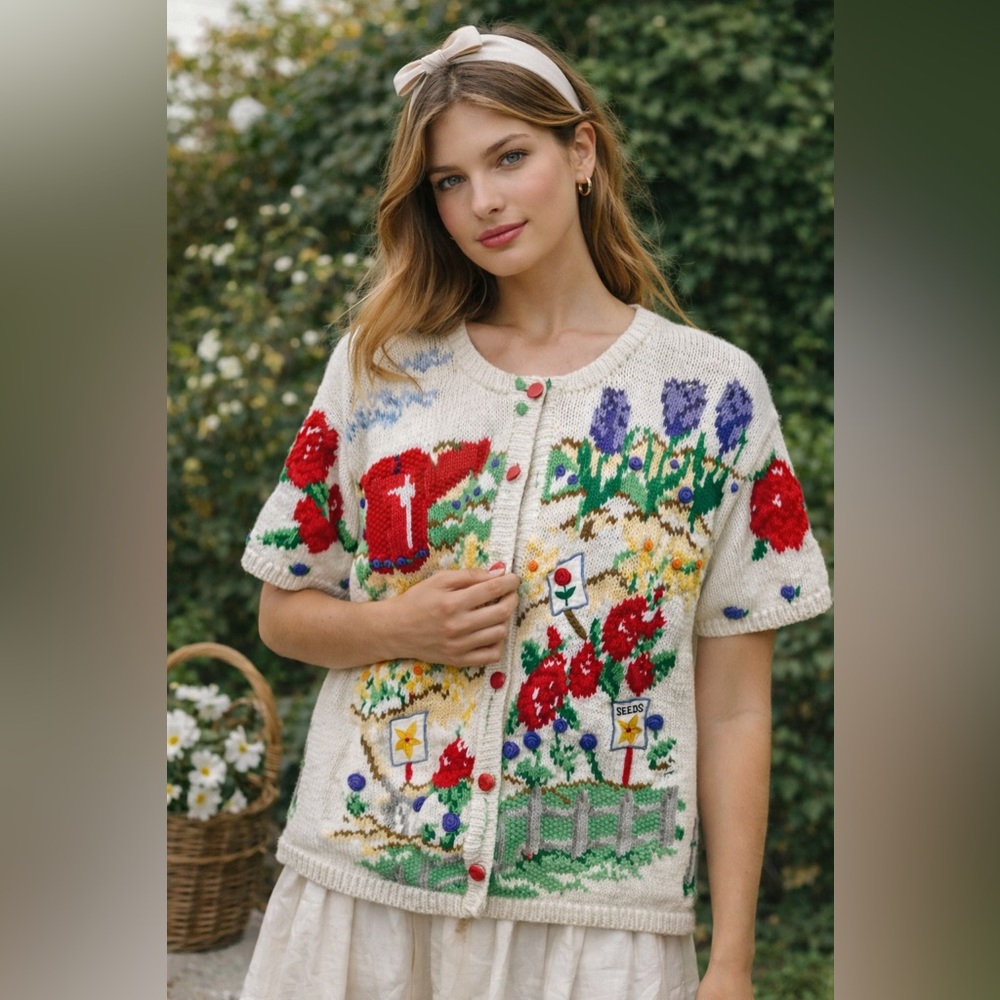 Vintage Cottagecore Garden Knit Cardigan Floral Watering Can Sweater